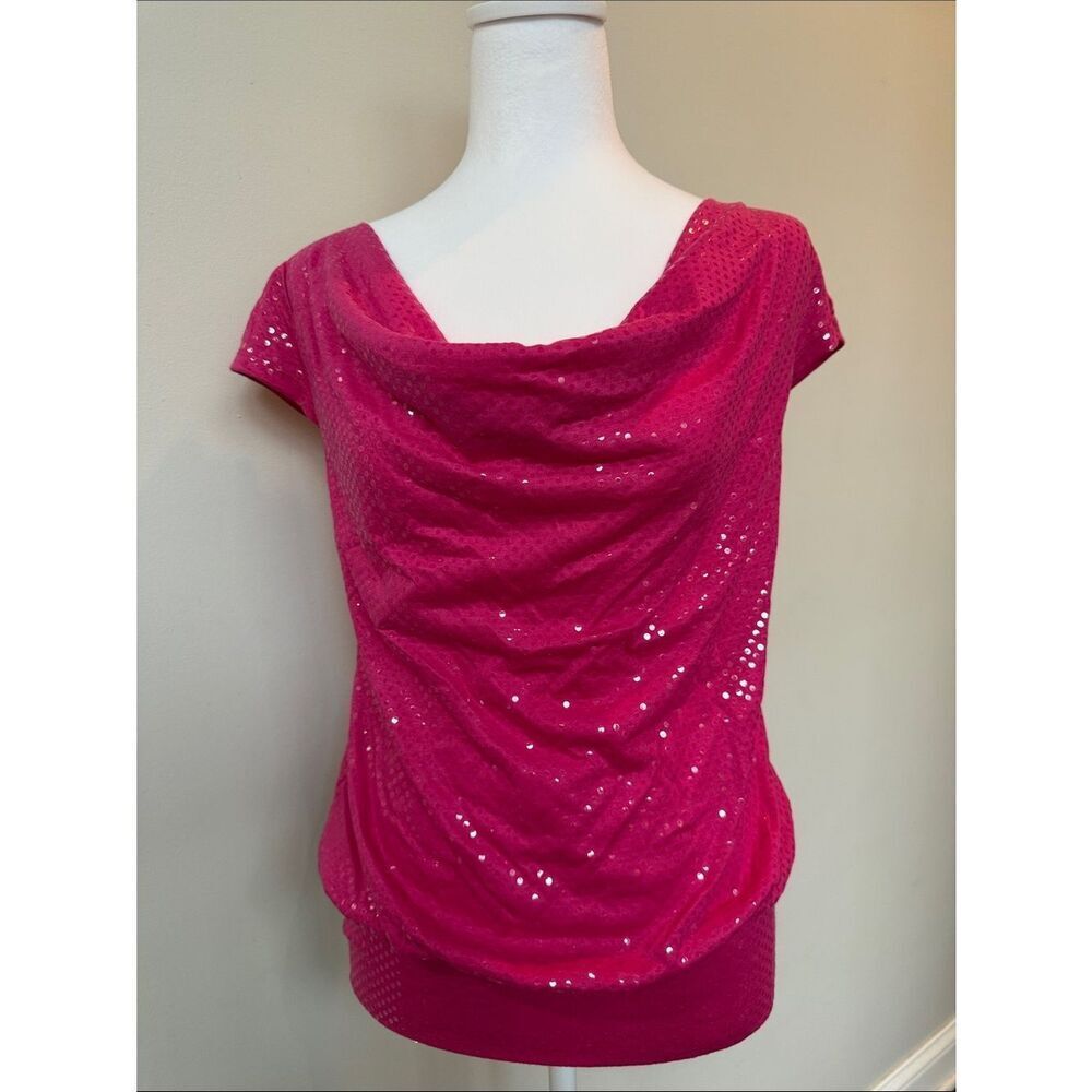 Express Women's Hot Pink Sequin Drape Neck Short Sleeve Top